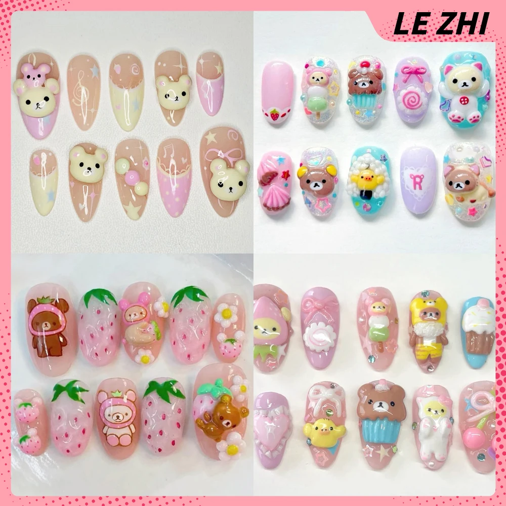 Nail Art Strawberry - Rilakkuma Buatan Tangan 3D Tekan Pada