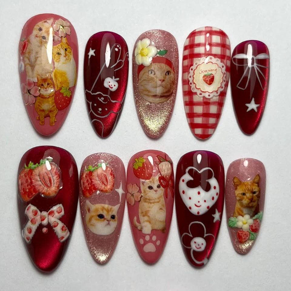 Nail Art Strawberry - 24 pcs Kuku Palsu Strawberry Cat's