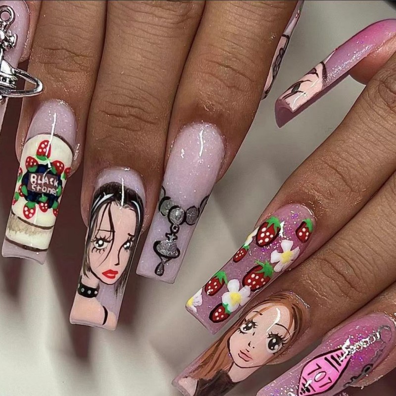 Kuku palsu panjang sedang untu - Nail Art Strawberry ulasan dan harga